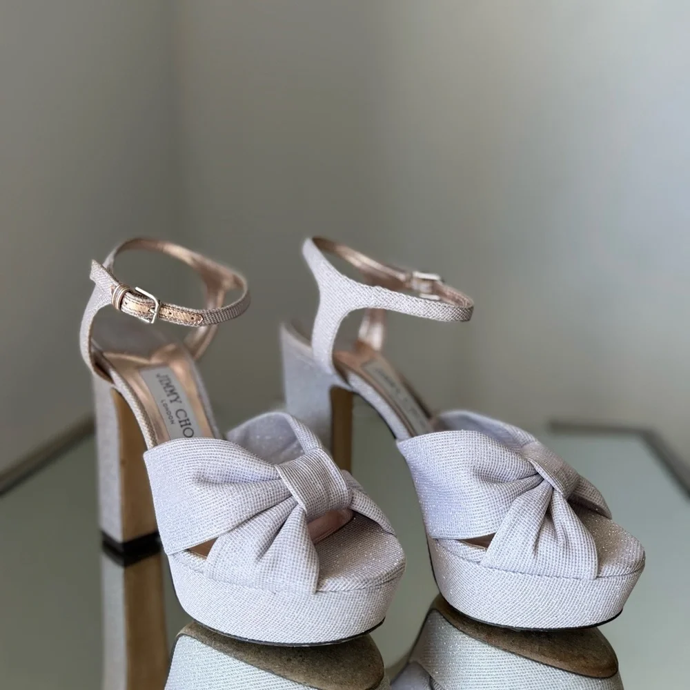 EUC JIMMY CHOO Heloise 120MM Glitter Platform Sandals Macaron 36.5 $1,025 - Picture 9 of 13